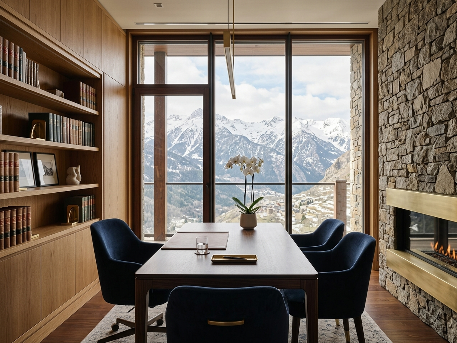 Bureau feutré d’un cabinet andorran avec vue sur les sommets enneigés des Pyrénées
