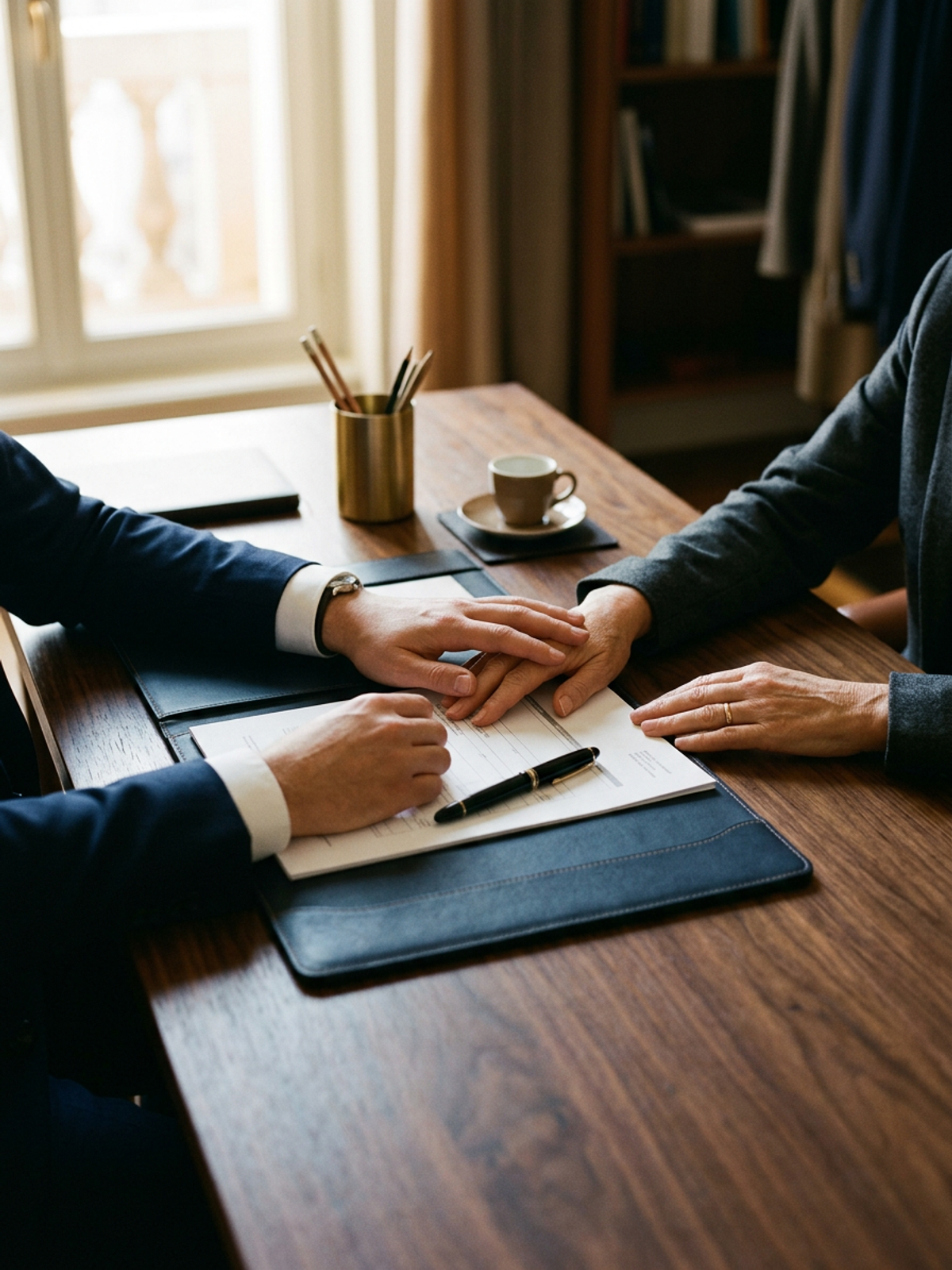 Conseiller et client échangeant autour d’un bureau, dossier et stylo