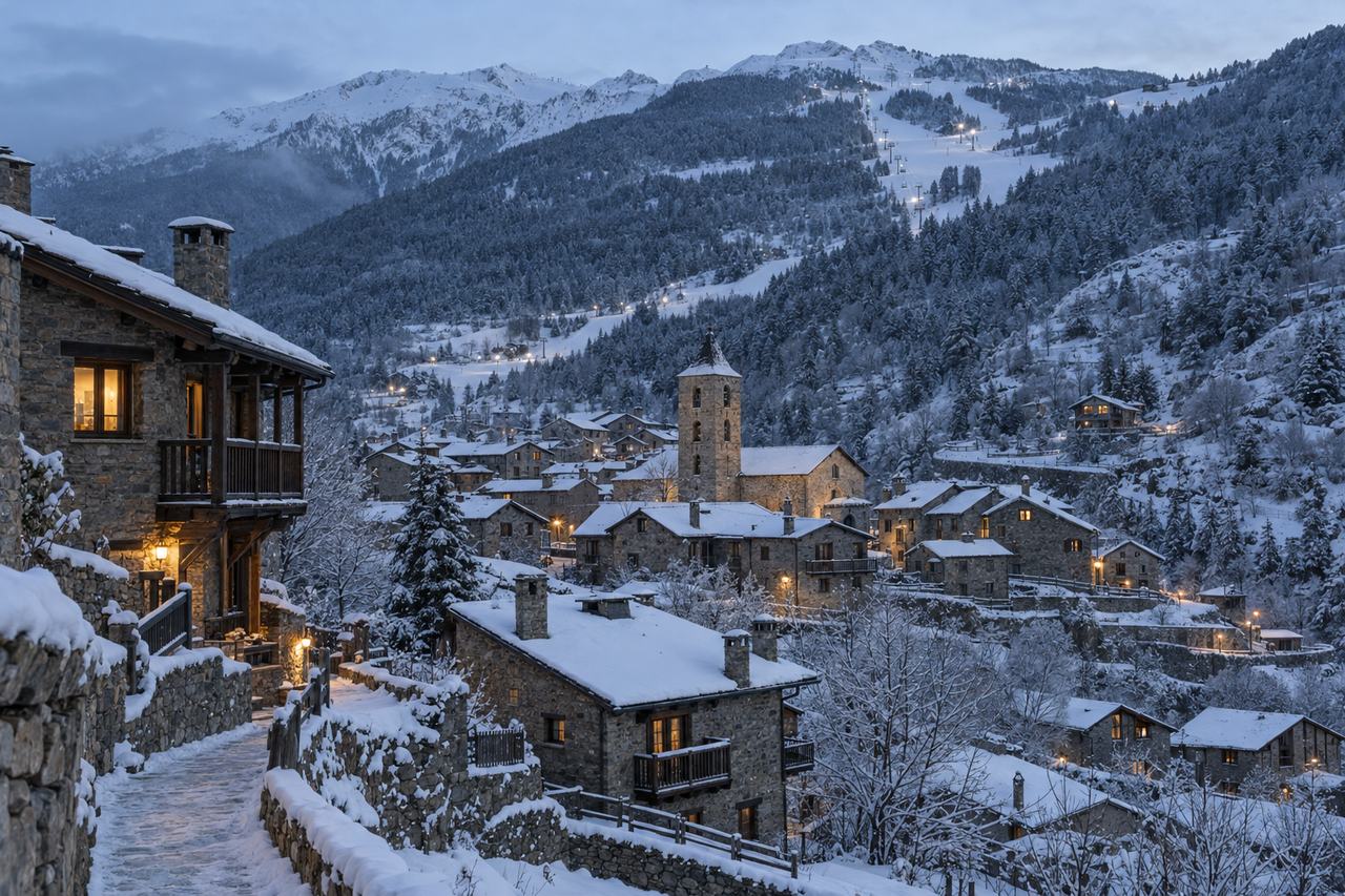 Poble de pedra sota la neu amb un campanar