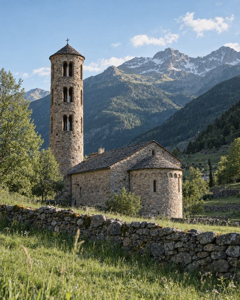 Església romànica amb campanar rodó en un prat de muntanya